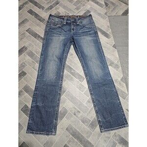 New Rock Revival PALFREY Men's Distressed Denim Blue Straight Jeans Size 32x33